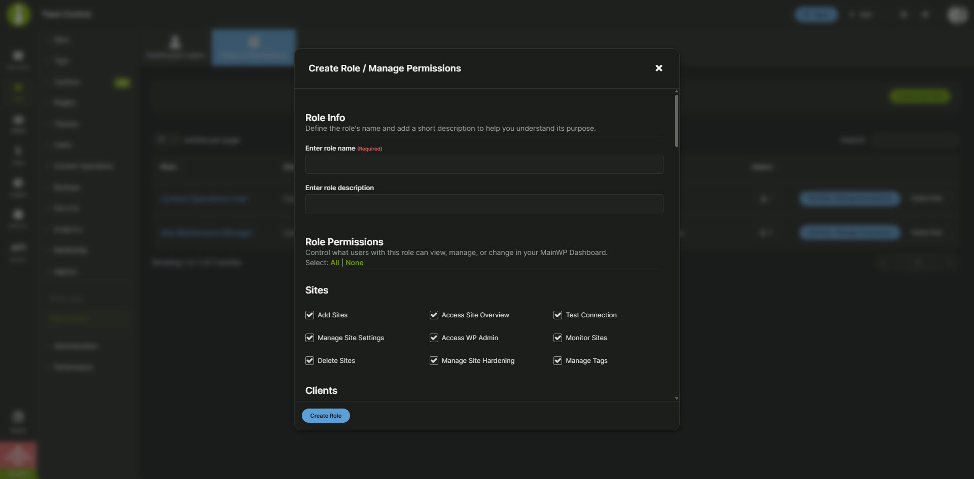 MainWP Team Control - Create Role