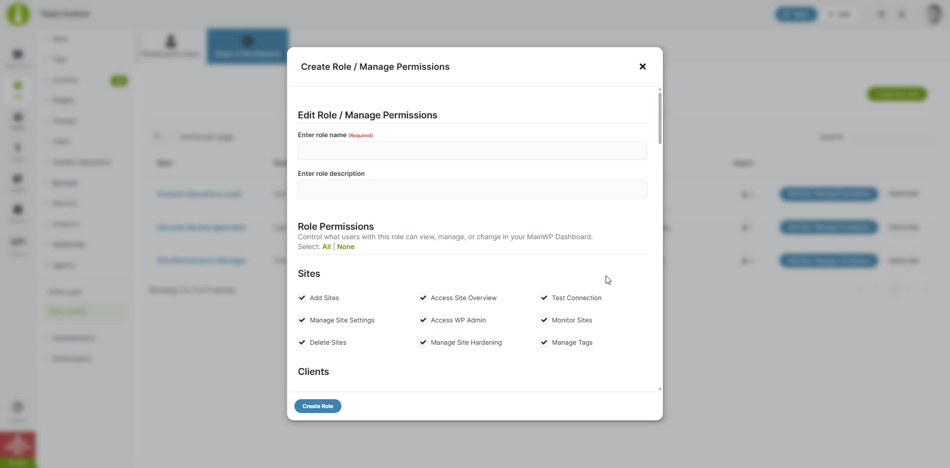 MainWP Team Control - Create Role
