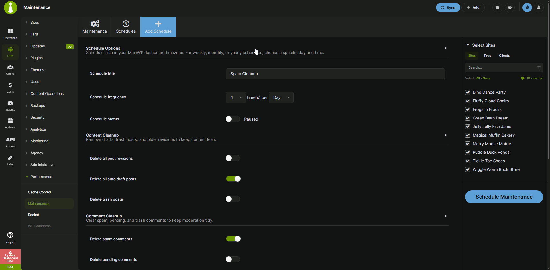 Maintenance - Create new Schedule - Dark mode