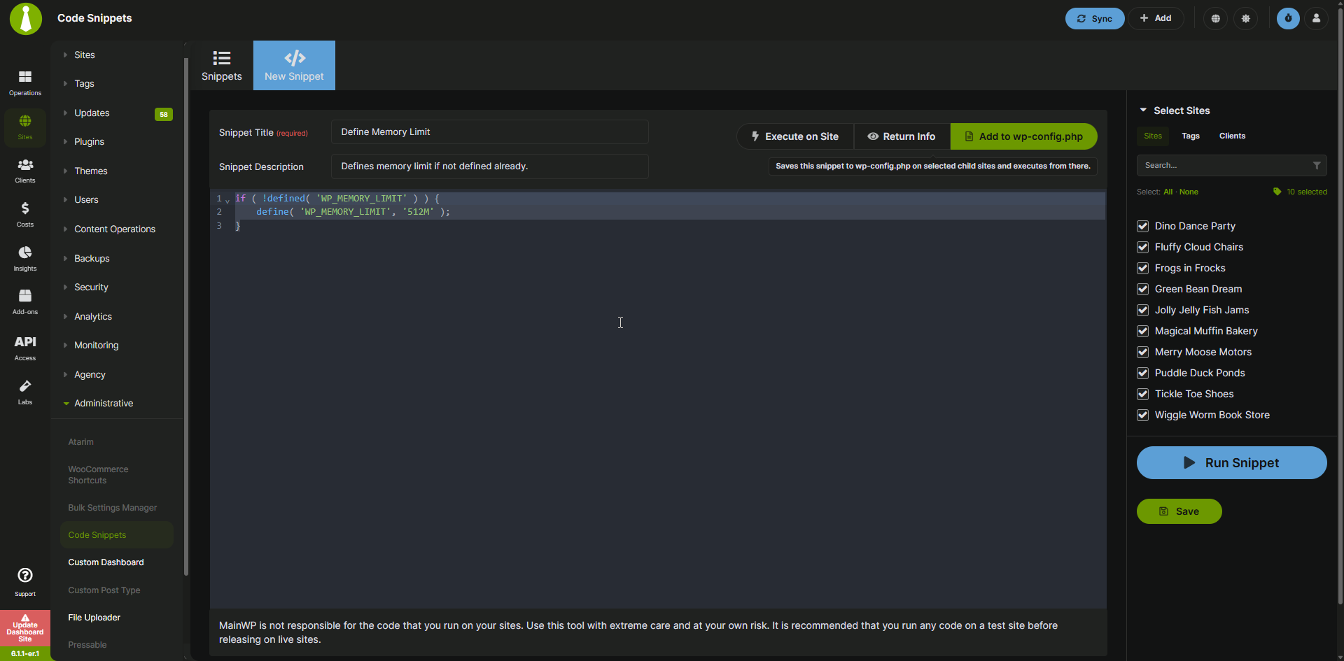 MainWP Code Snippets - New Snippet Screen - Dark Mode