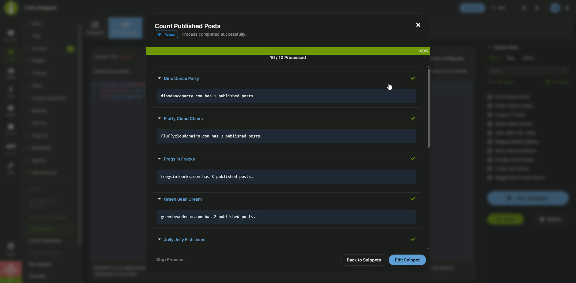 MainWP Code Snippets - Console Screen - Dark Mode