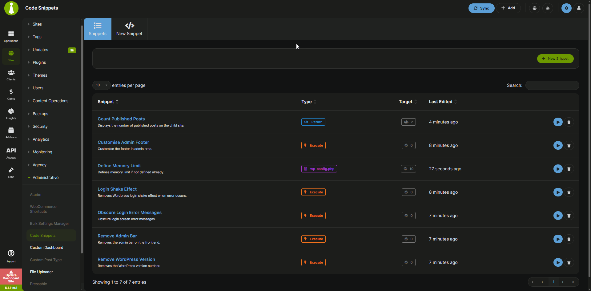 MainWP Code Snippets - Saved Snippets Screen - Dark Mode