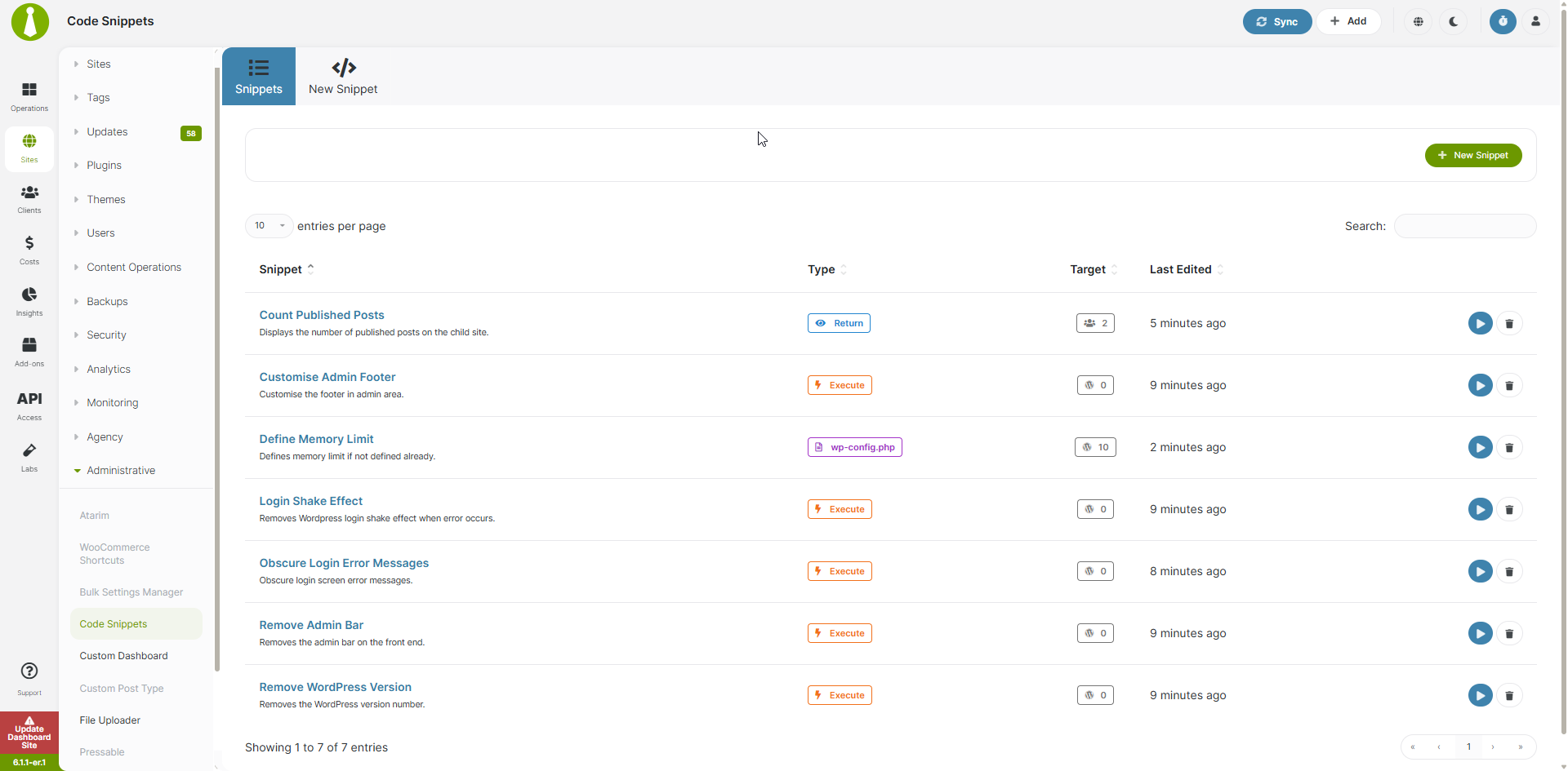 MainWP Code Snippets - Saved Snippets Screen - Light Mode