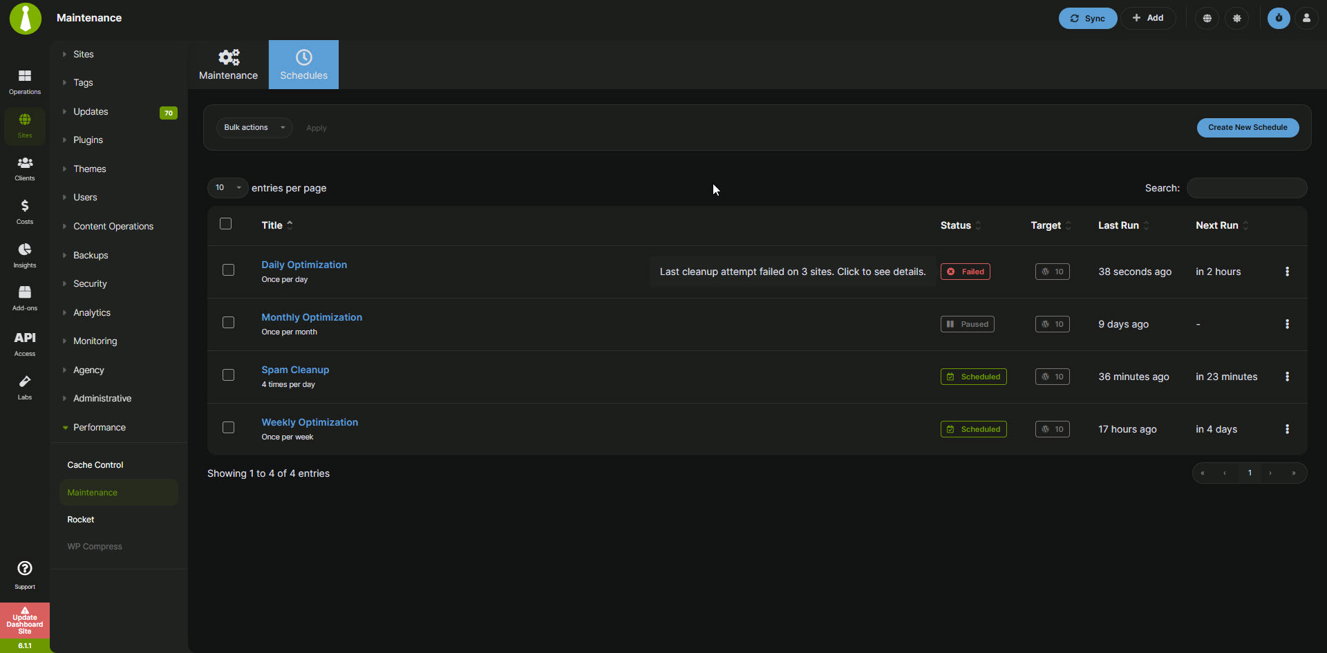 Maintenance - Schedules - Dark mode