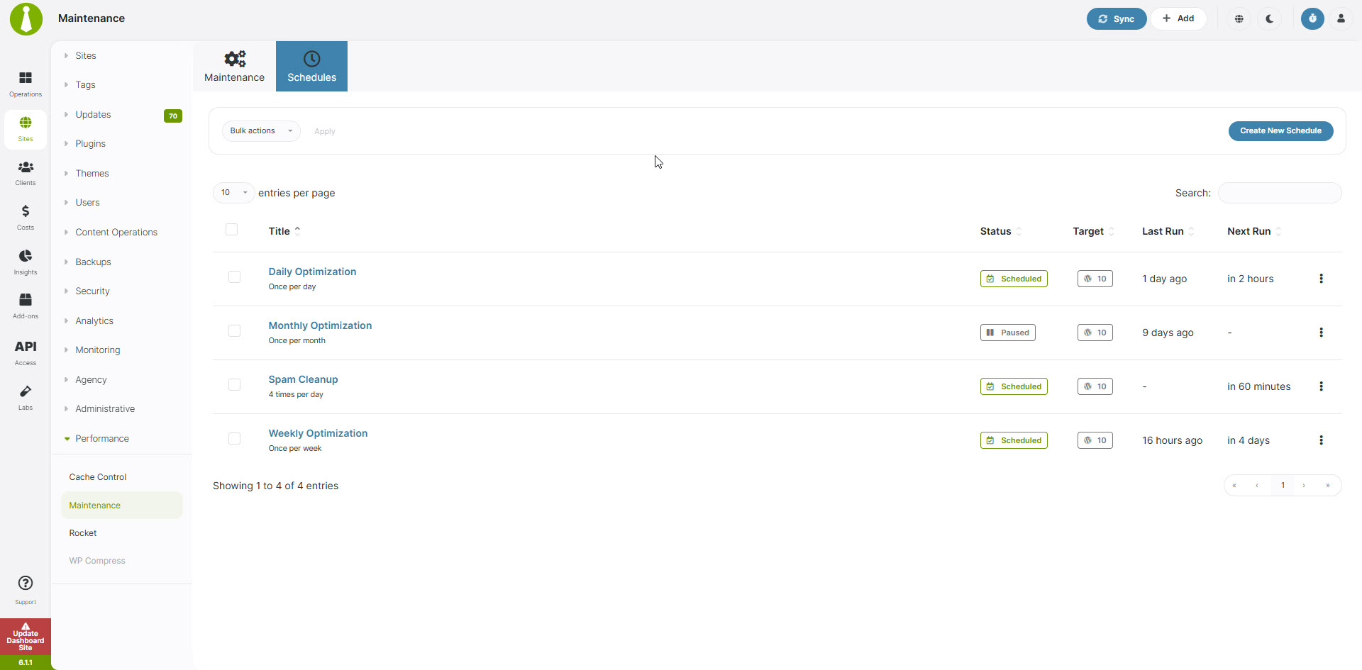 Maintenance - Schedules - Light mode