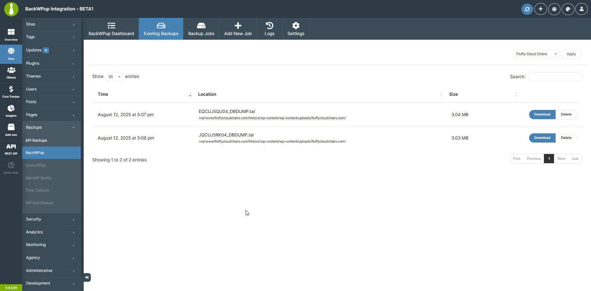 BackWPup Existing Backups