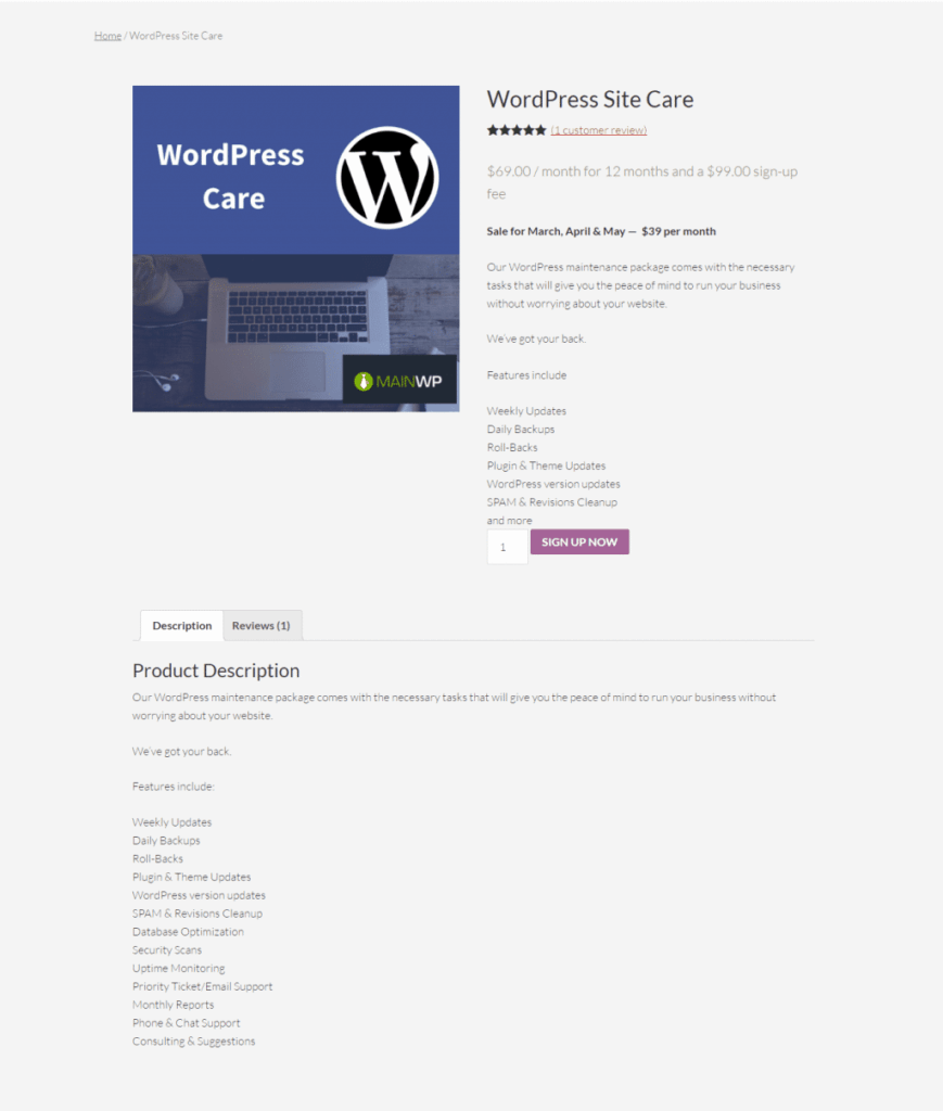 WordPress Site Care front end using WooCommerce Subscriptions