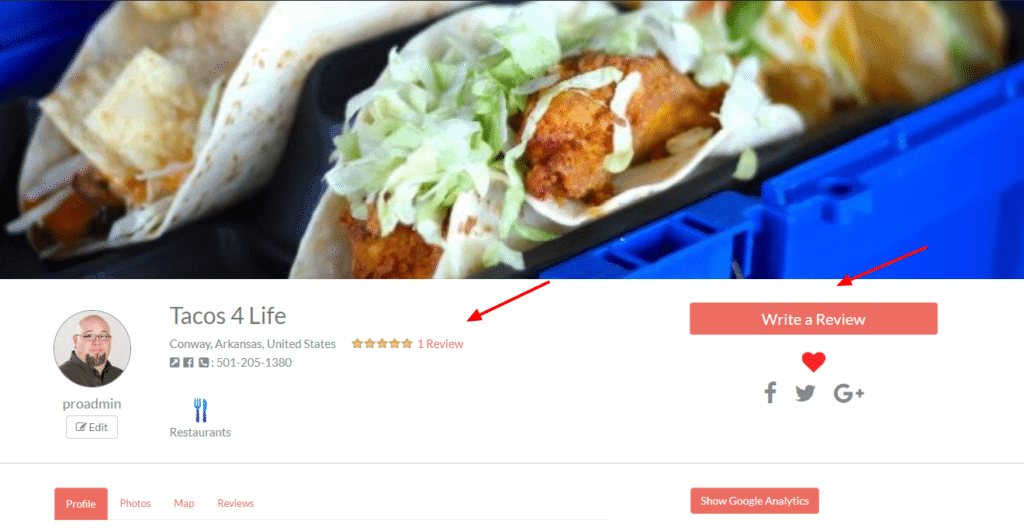 Listing on the demo site with reviews