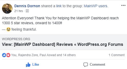 1300 5-star reviews for MainWP