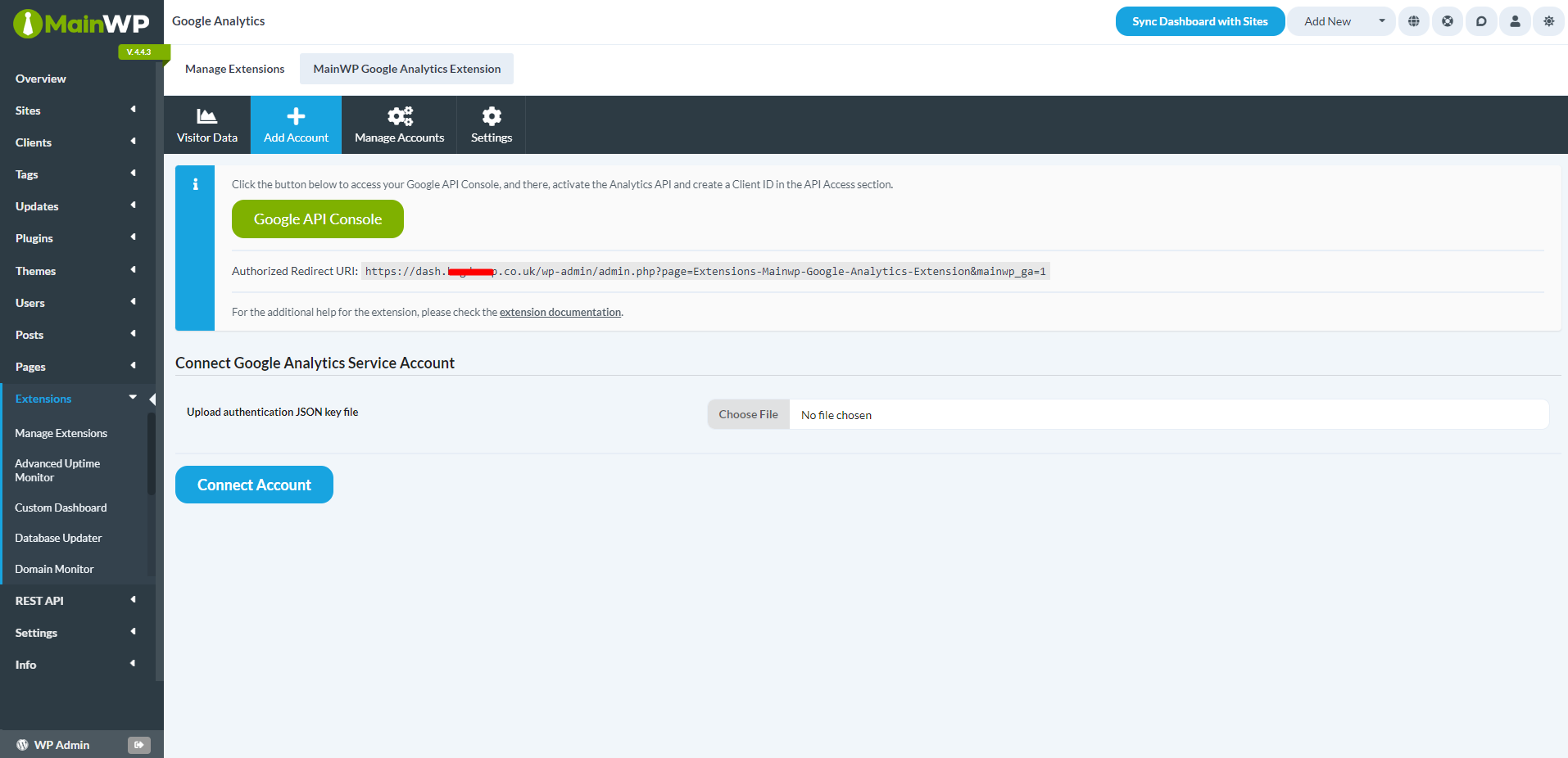 Google Analytics - MainWP - Add Account