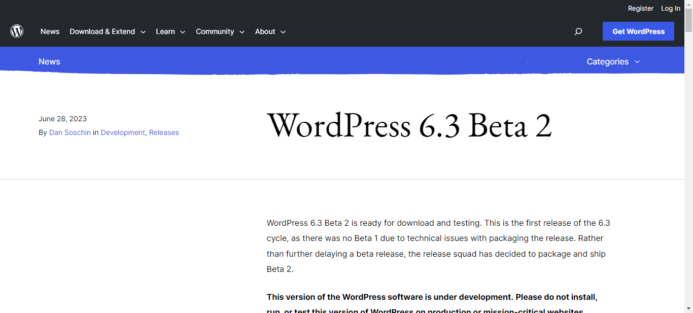 Screenshot: wordpress.org/news/2023/06/wordpress-6-3-beta-2