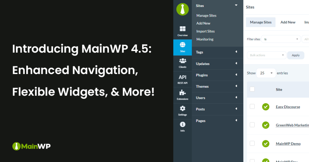 📢 Step into MainWP 4.5: Main Navigation Redesigned, Flexible Widgets, & Beyond!