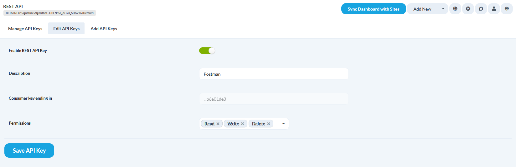 MainWP REST API Keys Permissions