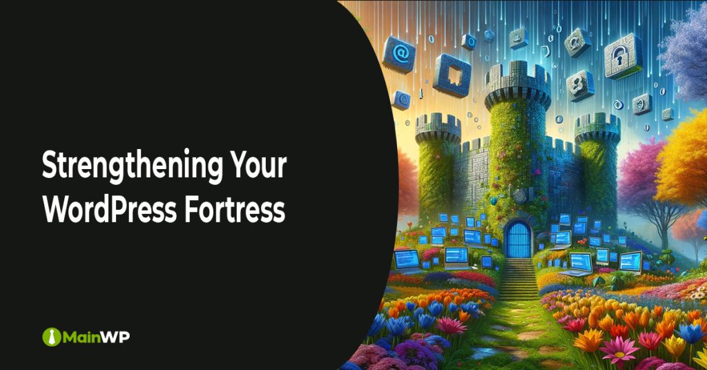 Secure digital fortress amidst springtime bloom representing website protection, with computer keyboards and screens forming the castle walls and towers. Binary code rains down from a cyber sky, with security icons like padlocks and '@' symbols floating around. The image combines vivid flowers in a spectrum of colors, symbolizing growth and renewal, and suggests robust cybersecurity for websites.
