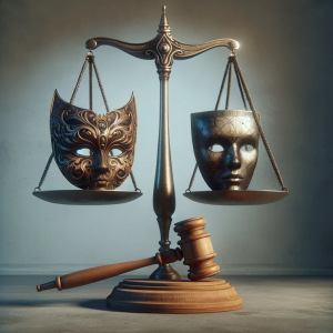 Balance scale with ornate black and gold mask versus a metallic mask with circuit patterns, symbolizing the balance between deceptive design and legal enforcement in privacy law, with a wooden judge's gavel below, against a neutral backdrop.
