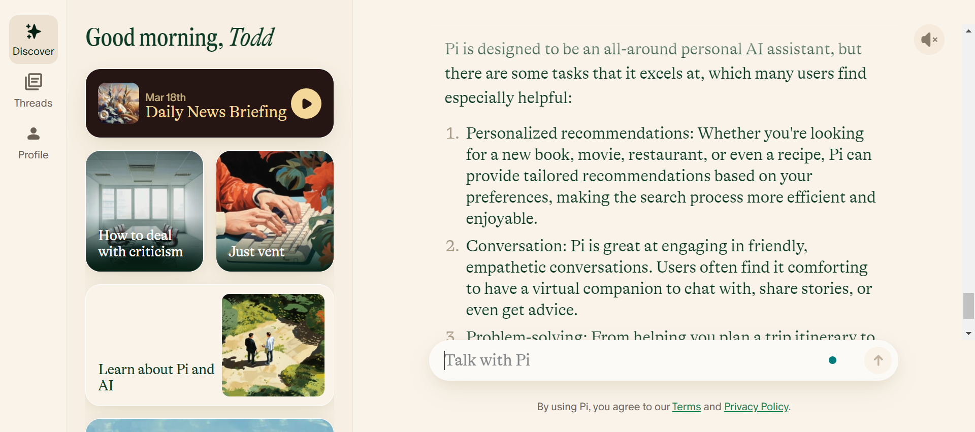 Screenshot: Pi, my personal assistant