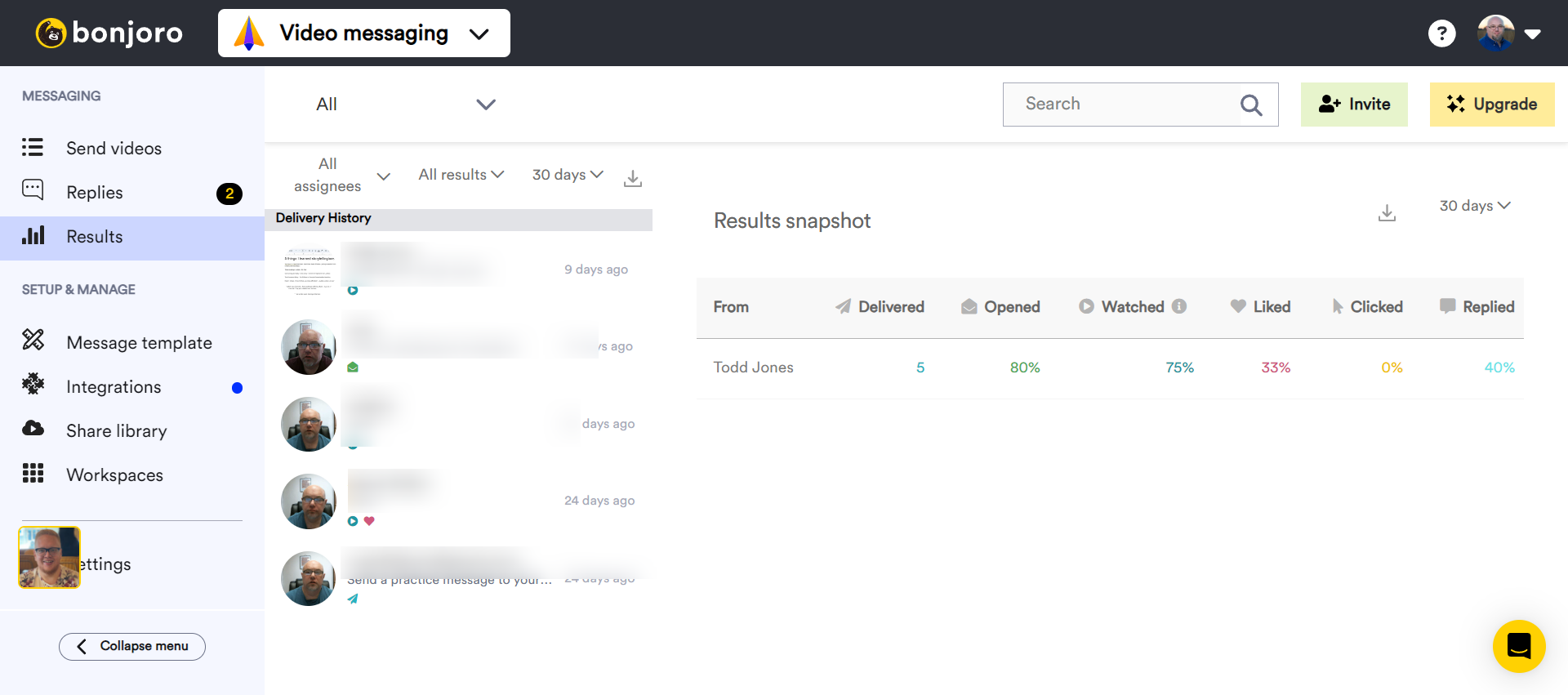 Screenshot: Results in my Bonjoro Dashboard