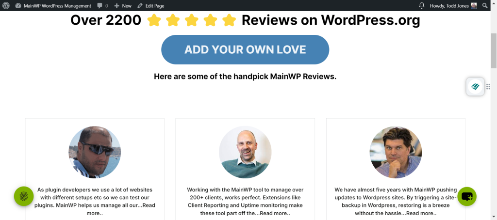 MainWP's page of love - https://mainwp.com/love