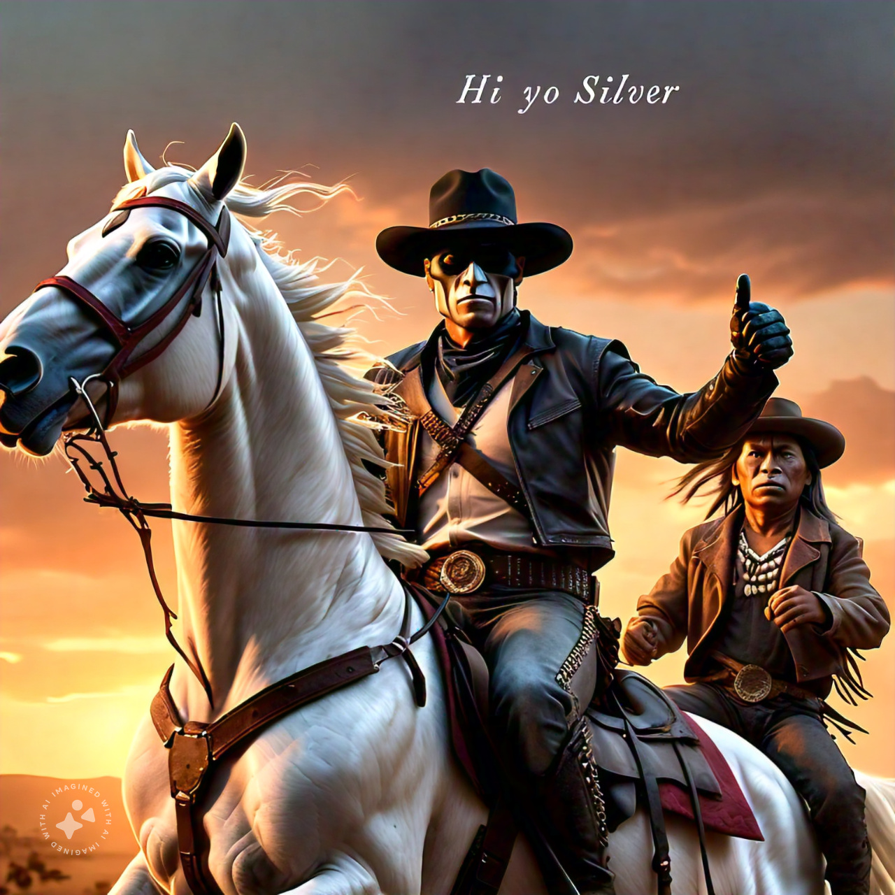 modern day lone ranger with is trusty sidekick tonto riding his white horse saying hi yo silver into the sunset