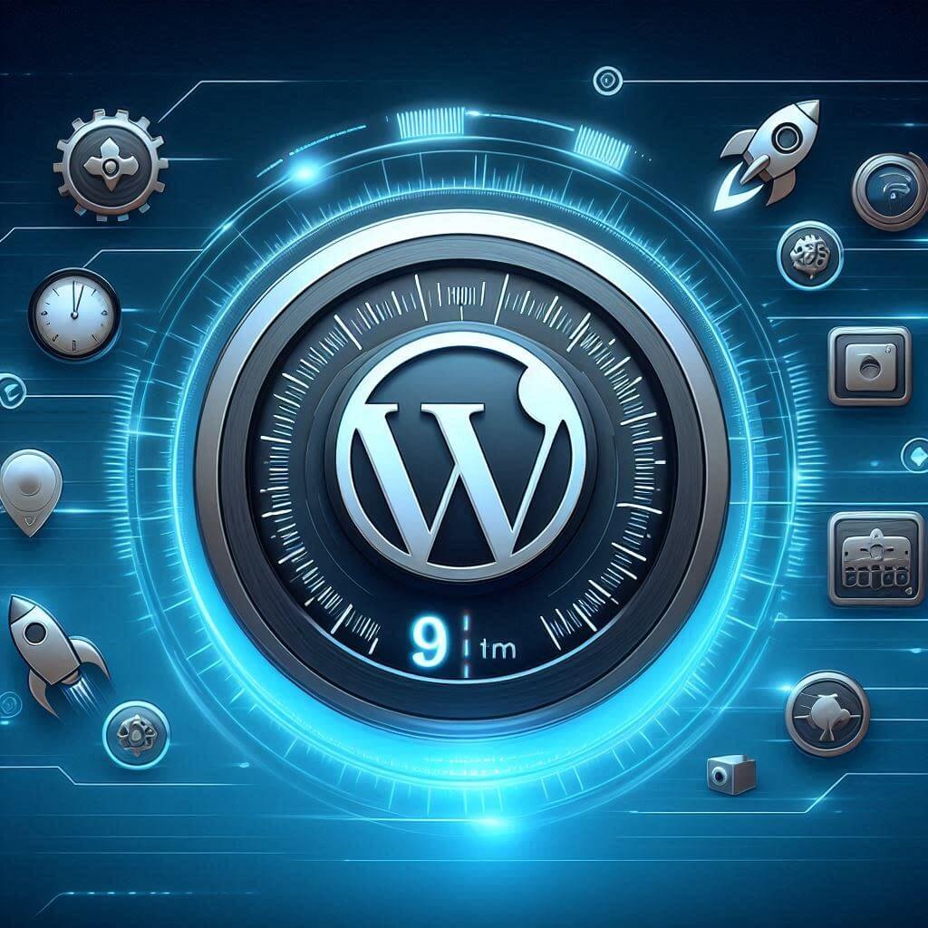 Illustration depicting the optimization of a WordPress website with icons like gears, speedometer, and code symbols.