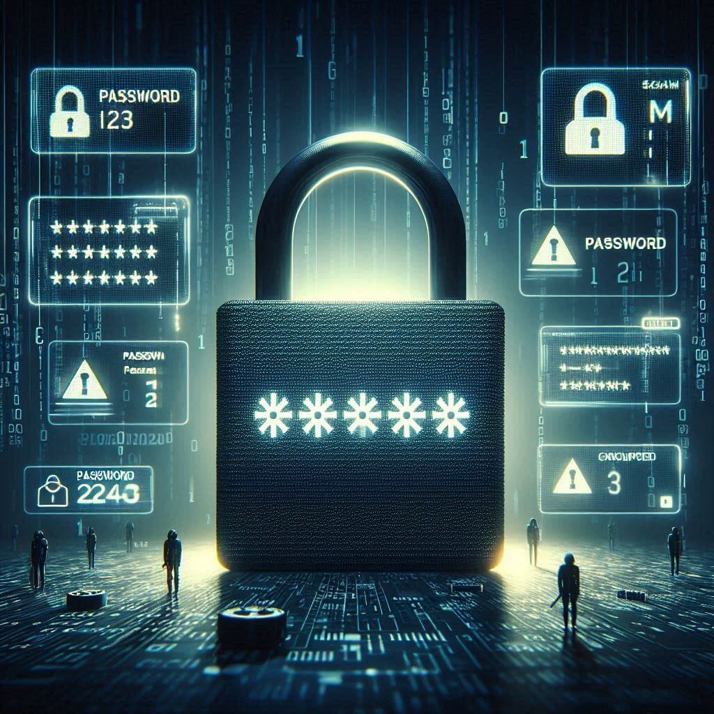 Graphic illustrating password security with a padlock and a password input field.