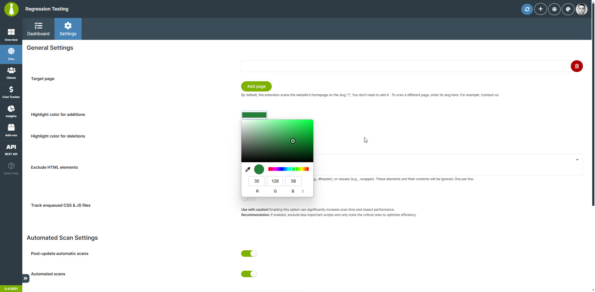 Regression Testing - Settings