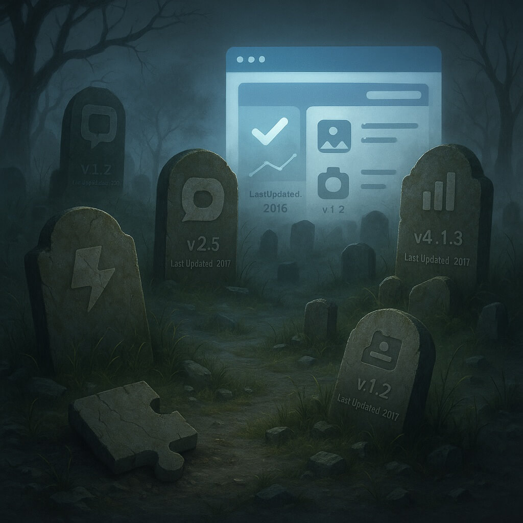 Graveyard of outdated plugins with tombstones labeled with old software versions and last update years, symbolizing abandoned or unsupported plugins in a dark, eerie forest.