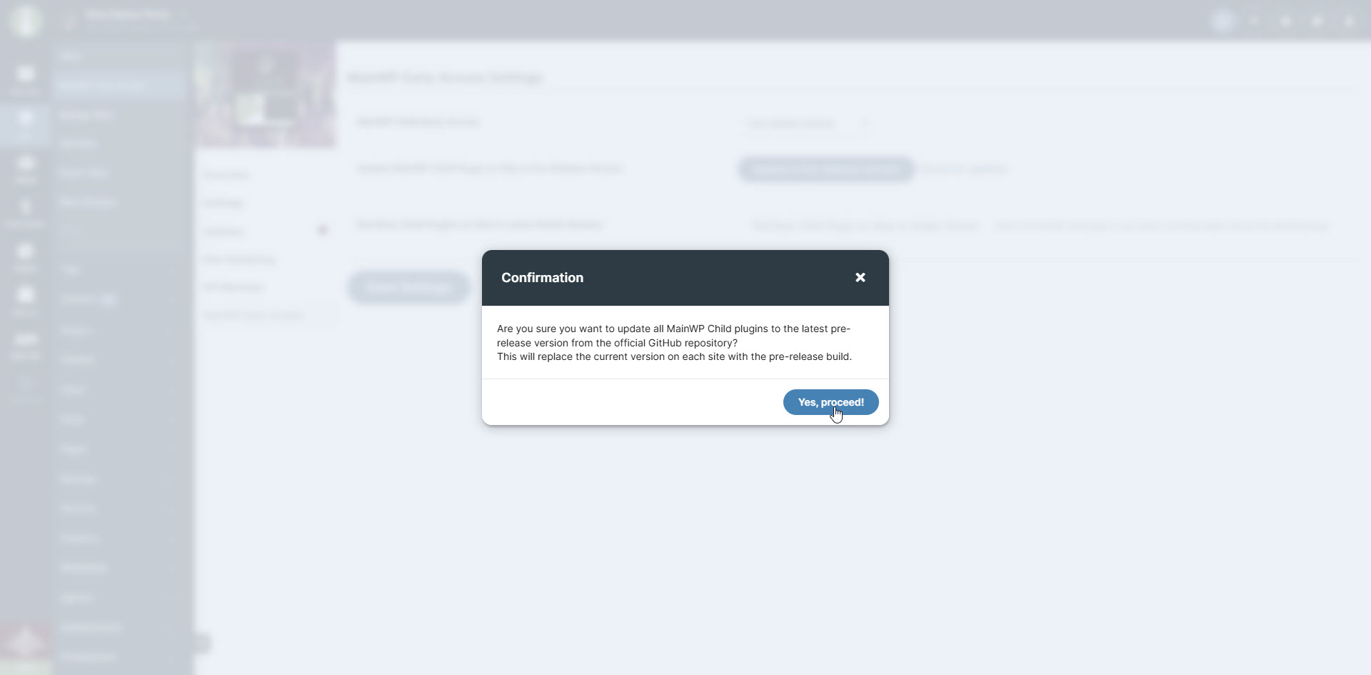 MainWP Early Access - Pre-release update confirmation