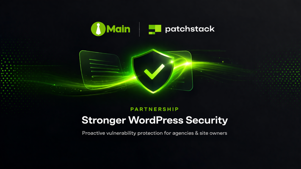 MainWP and Patchstack logos connected by a glowing green link on a dark background, representing a WordPress security partnership.