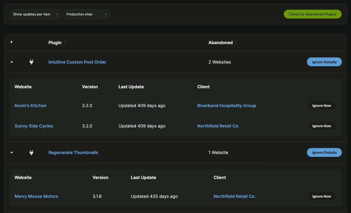 MainWP Abandoned Plugins tab listing Intuitive Custom Post Order and Regenerate Thumbnails with the sites they're on and the days since each plugin's last update