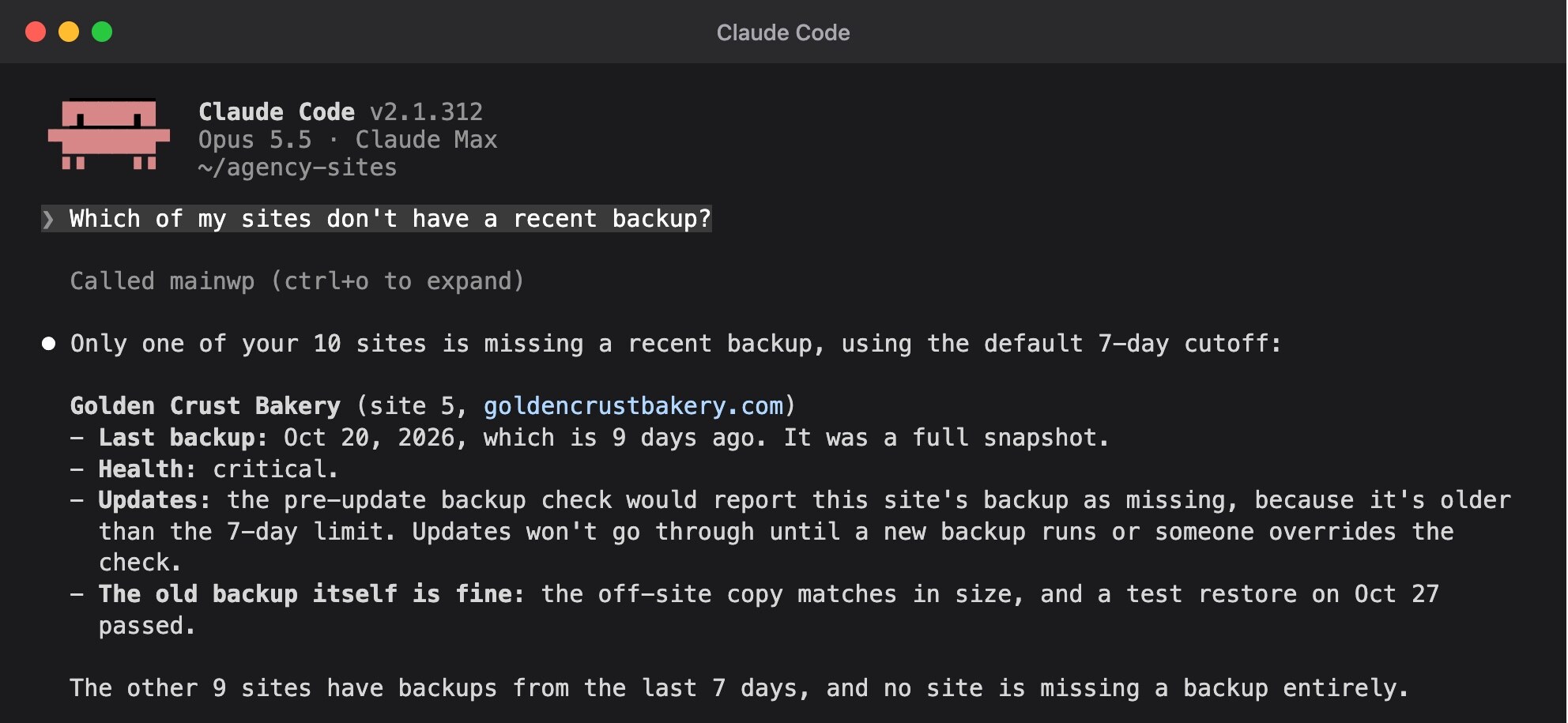 Claude Code connected to a MainWP Dashboard through MainWP MCP, answering which child site is due for a backup