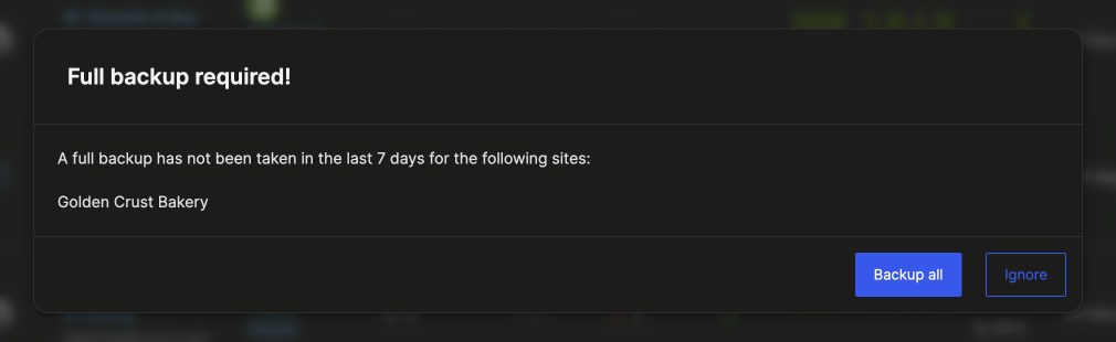 MainWP backup check before updates, offering Backup all for a site that is due for a fresh full backup