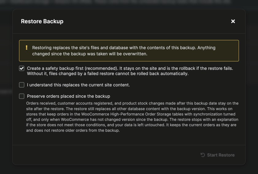 MainWP Restore Backup window for a WooCommerce site with Create a safety backup first checked and the Preserve orders placed since the backup option