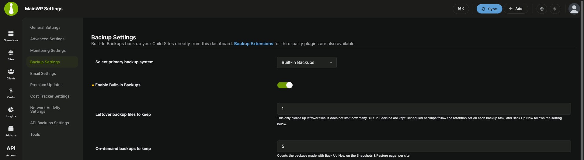MainWP Backup Settings with Enable Built-In Backups switched on and the primary backup system option