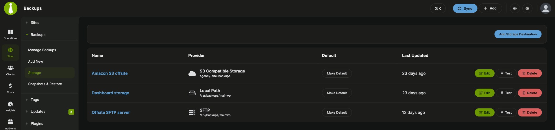 MainWP Storage page listing backup destinations such as Amazon S3 and SFTP, with Make Default, Edit and Test buttons