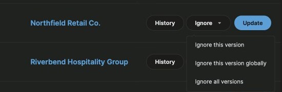MainWP update row for WooCommerce on Super Sneaker Store with the Ignore menu open, showing Ignore this version, Ignore this version globally and Ignore all versions