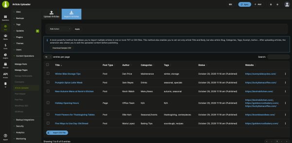 Article Uploader Import Articles table in the MainWP Dashboard listing CSV-imported posts and a page with author, categories, tags and target site