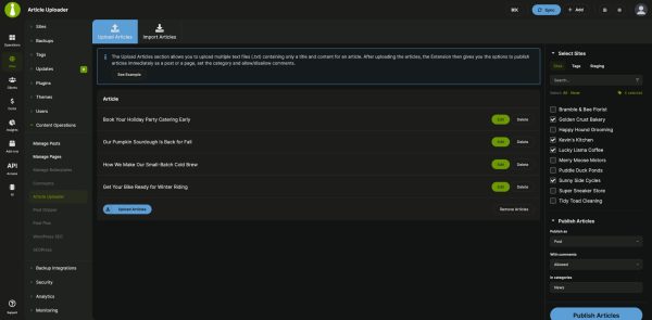 Article Uploader Upload Articles screen in the MainWP Dashboard: four uploaded articles ready to publish, with child sites selected and the publish options