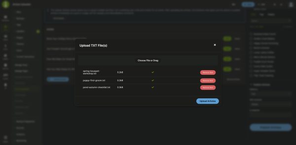 Article Uploader Upload TXT File(s) dialog in the MainWP Dashboard with three text files uploaded