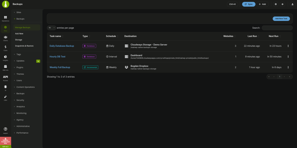 MainWP Backup Tasks
