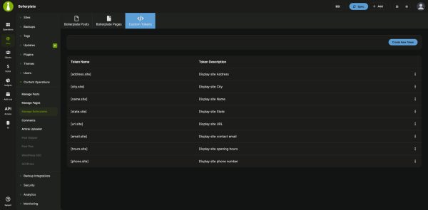 Boilerplate Custom Tokens tab in the MainWP Dashboard listing token names and descriptions