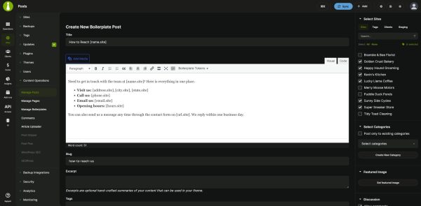Create New Boilerplate Post screen in the MainWP Dashboard with token placeholders in the title and content and six child sites selected