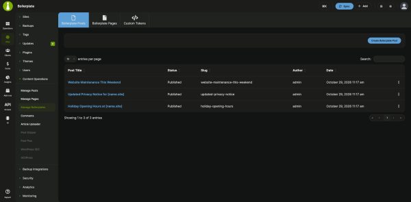 Boilerplate Posts list in the MainWP Dashboard with three boilerplate posts that use site tokens such as [name.site] in their titles