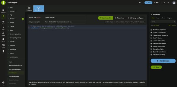 New Snippet screen in MainWP Code Snippets: a Disable XML-RPC snippet set to Execute on Site, with all 10 child sites selected