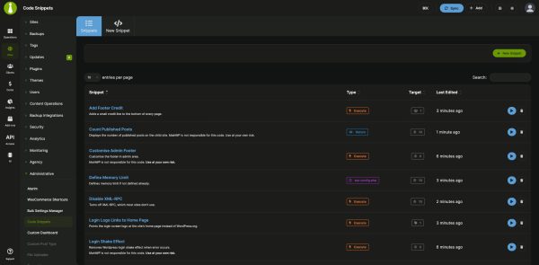 MainWP Code Snippets list of saved snippets with their type, target sites and last edited time