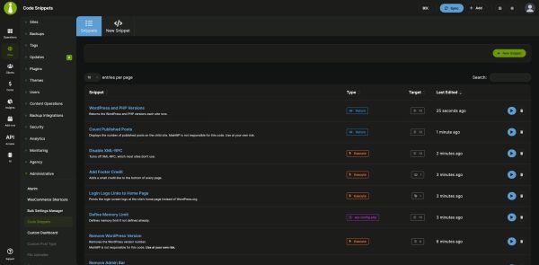 Saved snippets in MainWP Code Snippets sorted by last edited, showing Return, Execute and wp-config.php snippets