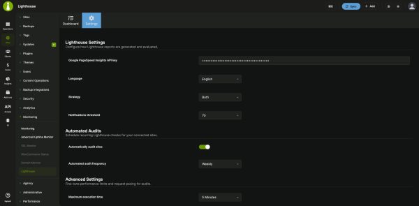 Lighthouse settings in MainWP: Google PageSpeed Insights API key, language, strategy, notification threshold and automated audit schedule