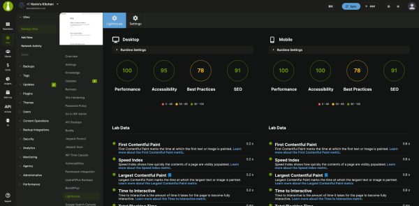 Lighthouse report for one site in MainWP: desktop and mobile category scores with lab data such as First Contentful Paint, Speed Index and Largest Contentful Paint
