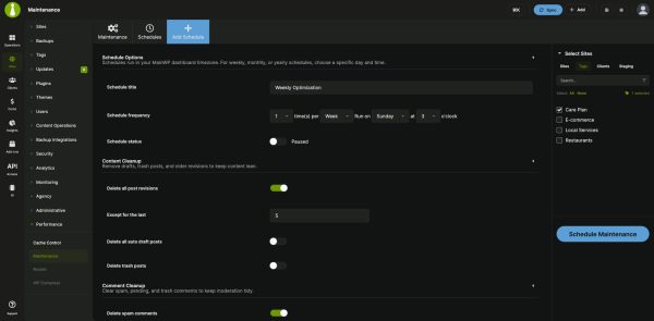 Maintenance Add Schedule form for a weekly run on Sunday at 3 o'clock that keeps the last five revisions, targeted at a site tag