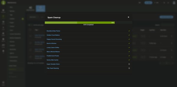 Maintenance schedule running in the MainWP Dashboard, with a progress bar at 8 of 10 sites and a status for each site
